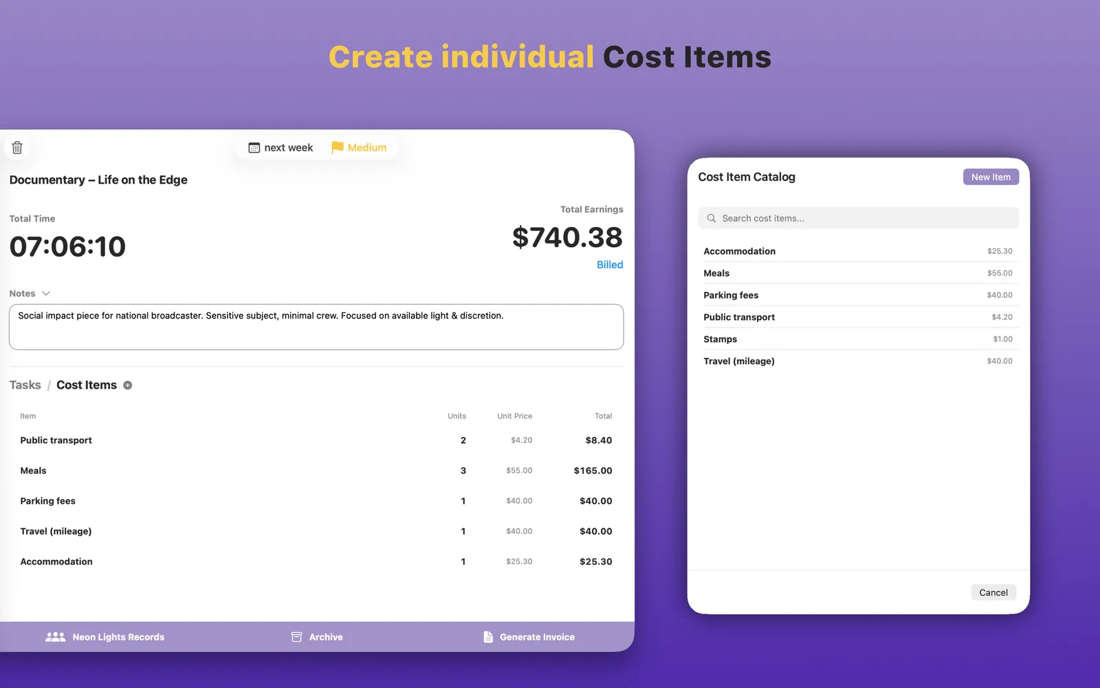 Adding billable cost items and expenses to a project in TimeBill