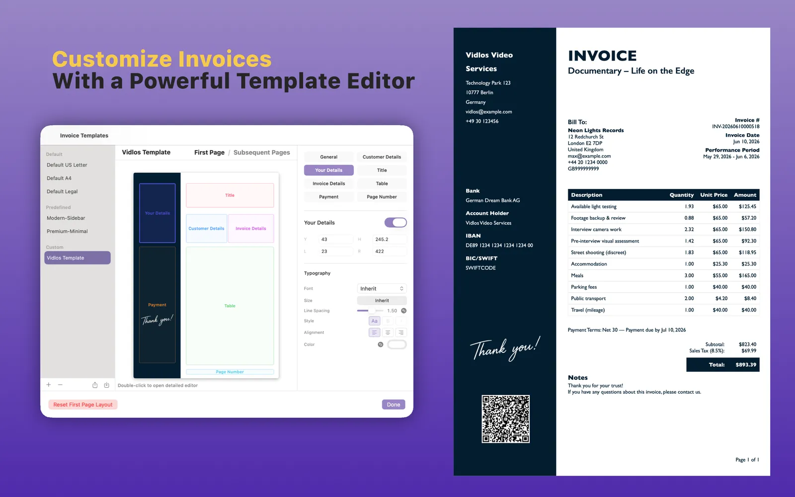 Choosing from TimeBill's professional invoice templates